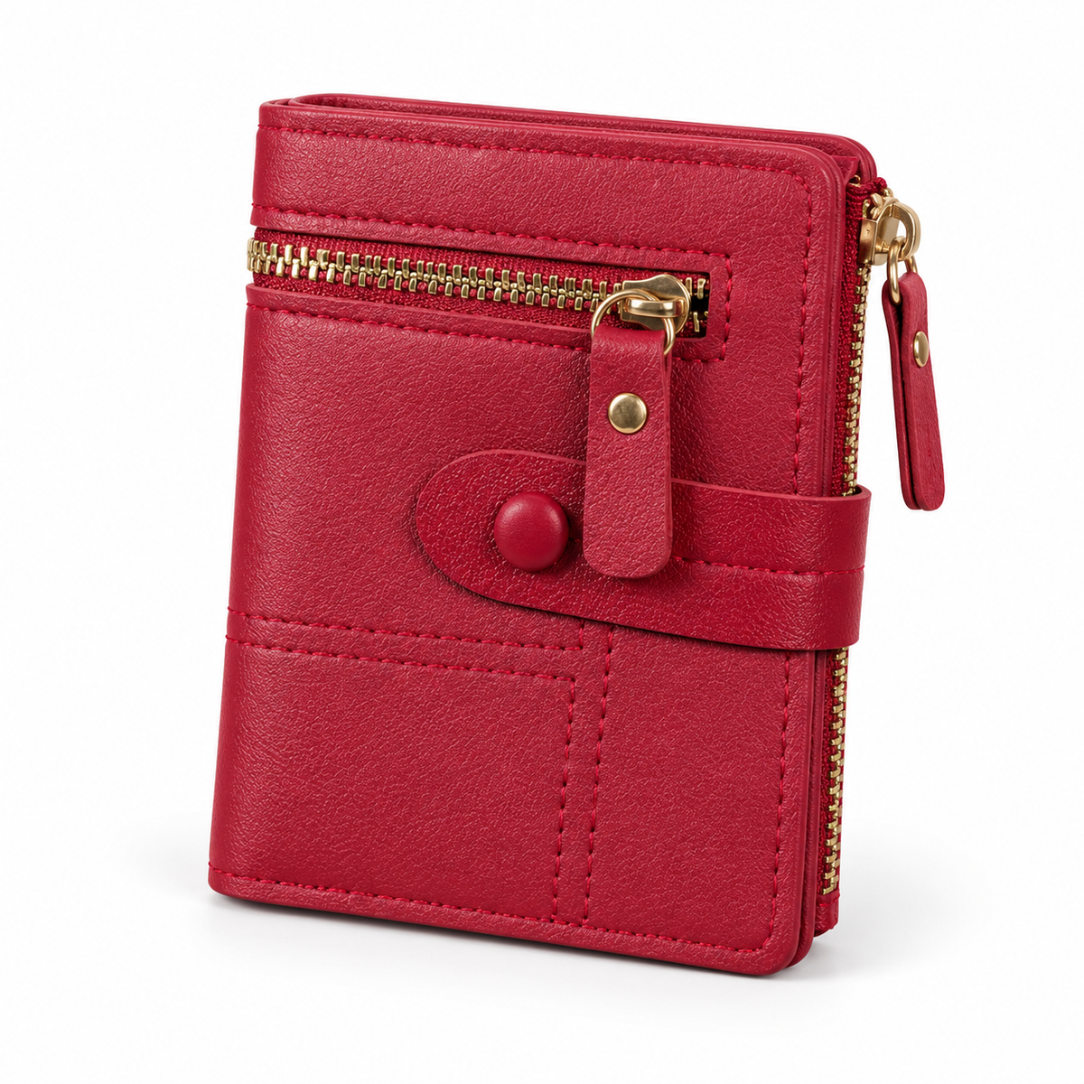 Classic Red Compact Wallet With Zippers-3