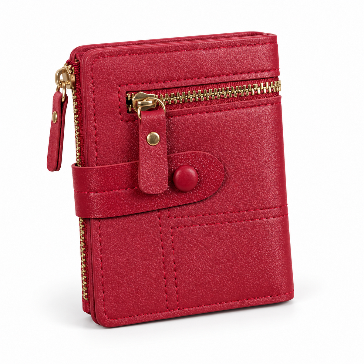 Classic Red Compact Wallet With Zippers