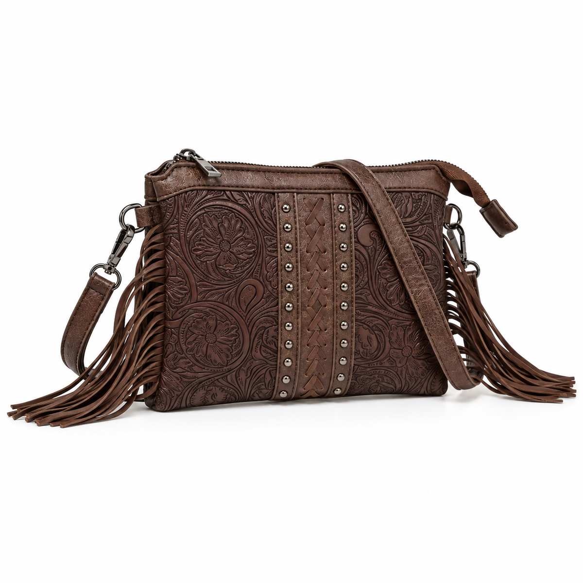 Coffee Brown Embossed Fringe Vintage Crossbody Bag-1