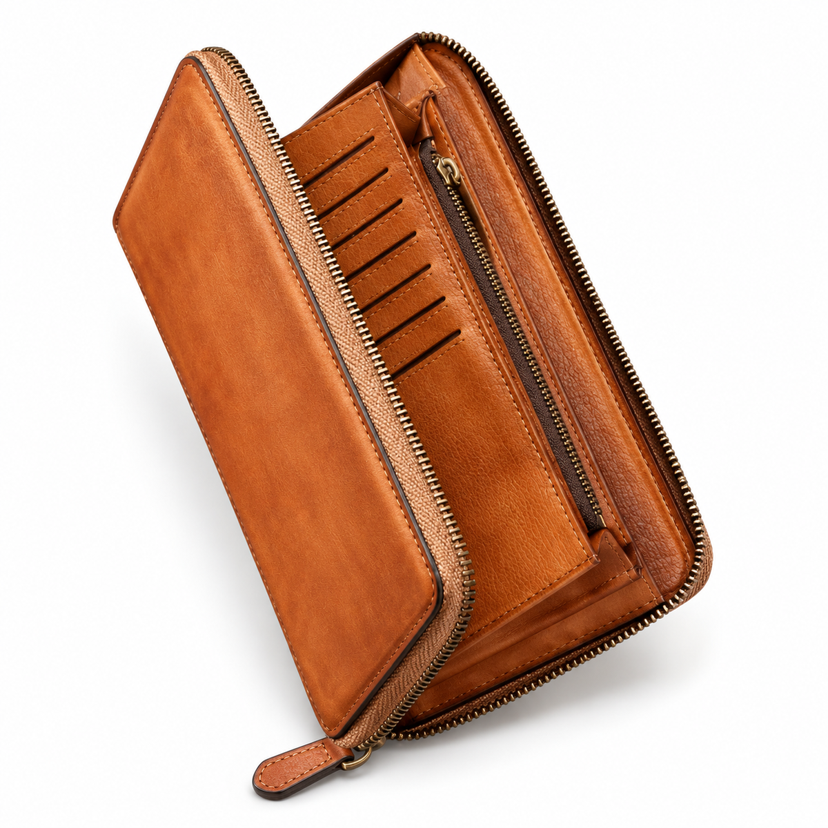 Cognac Tan Brown Leather Zipper Wallet-1