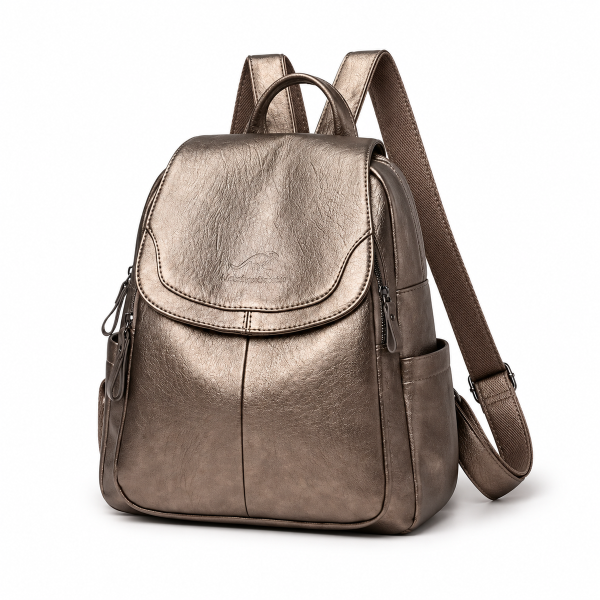Metallic Bronze Flap Backpack With Pockets-3