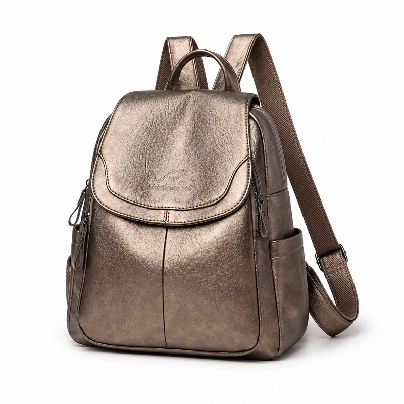 Metallic Bronze Flap Backpack With Pockets-3