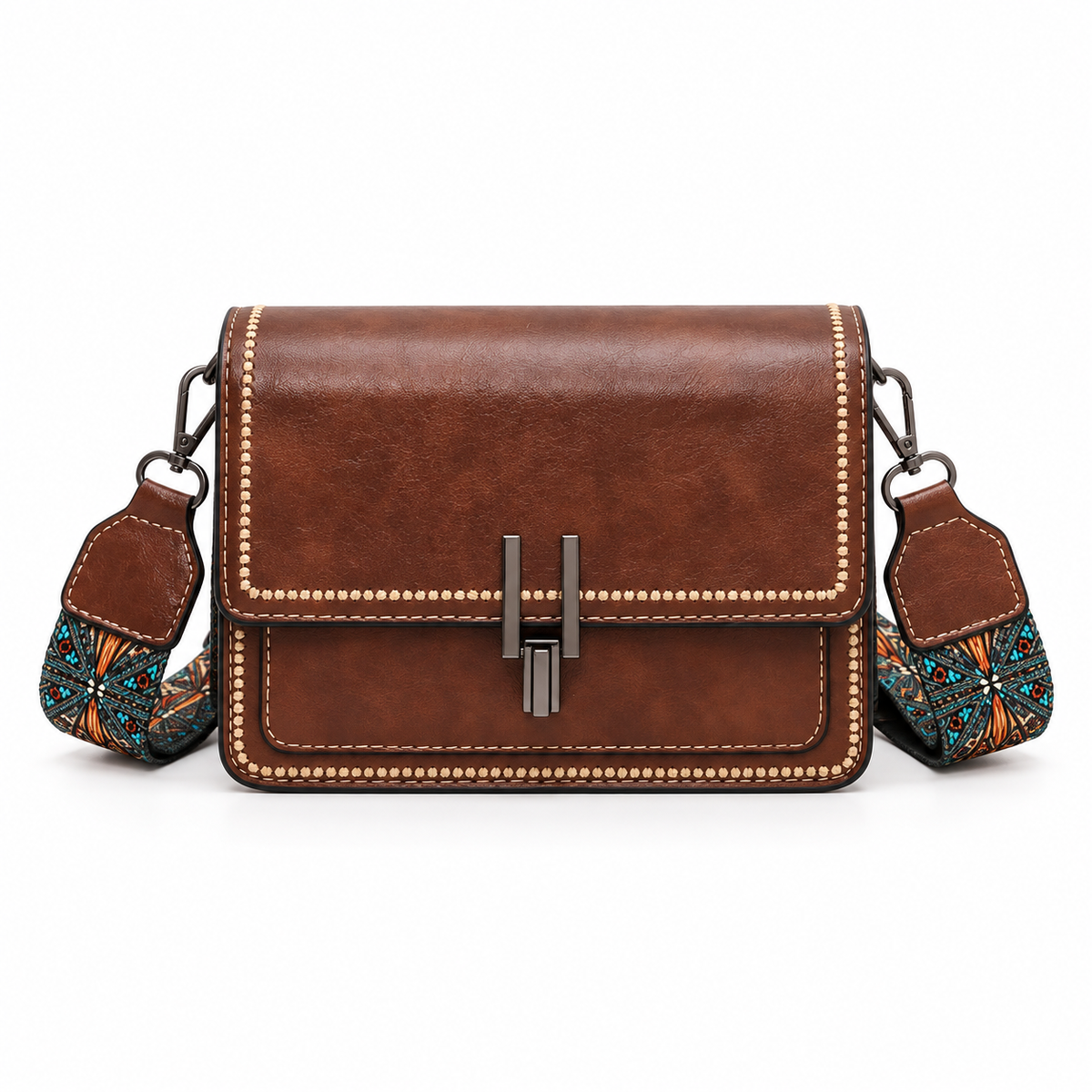 Vintage Brown Patterned Strap Crossbody Bag-4