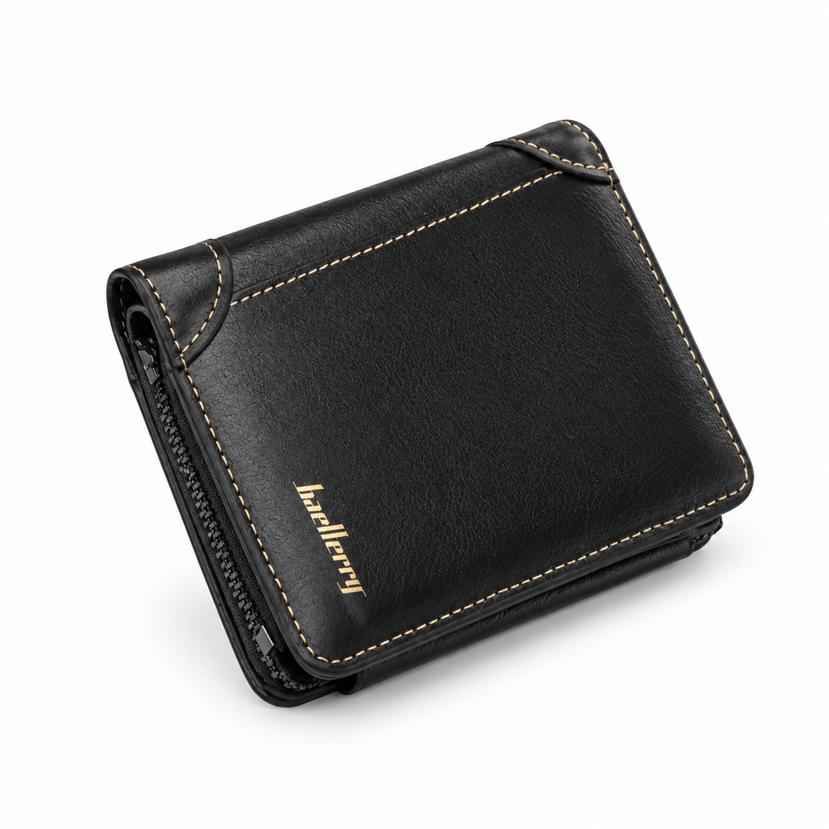 Classic Black Compact Wallet With Stitching-4