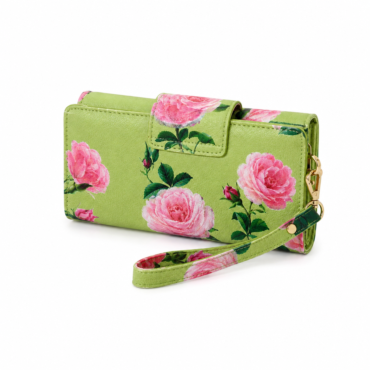 Green Floral Rose Print Wristlet Wallet Clutch-3