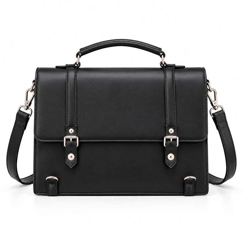 Black Structured Buckle Shoulder Satchel Bag-2