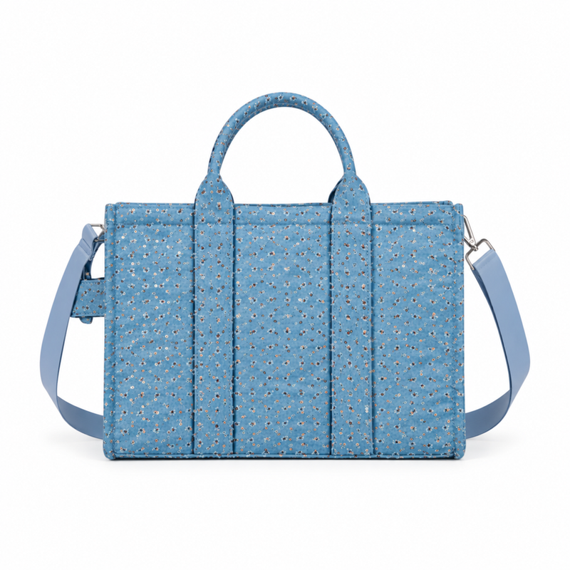 Sky Blue Floral Quilted Carryall Tote-4