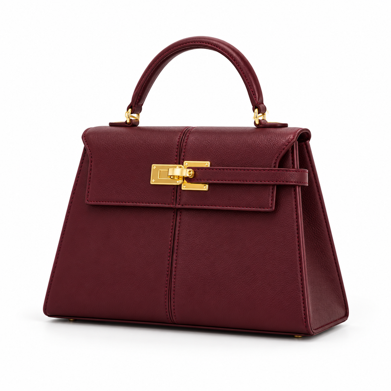 Burgundy Structured Leather Top Handle Satchel-2