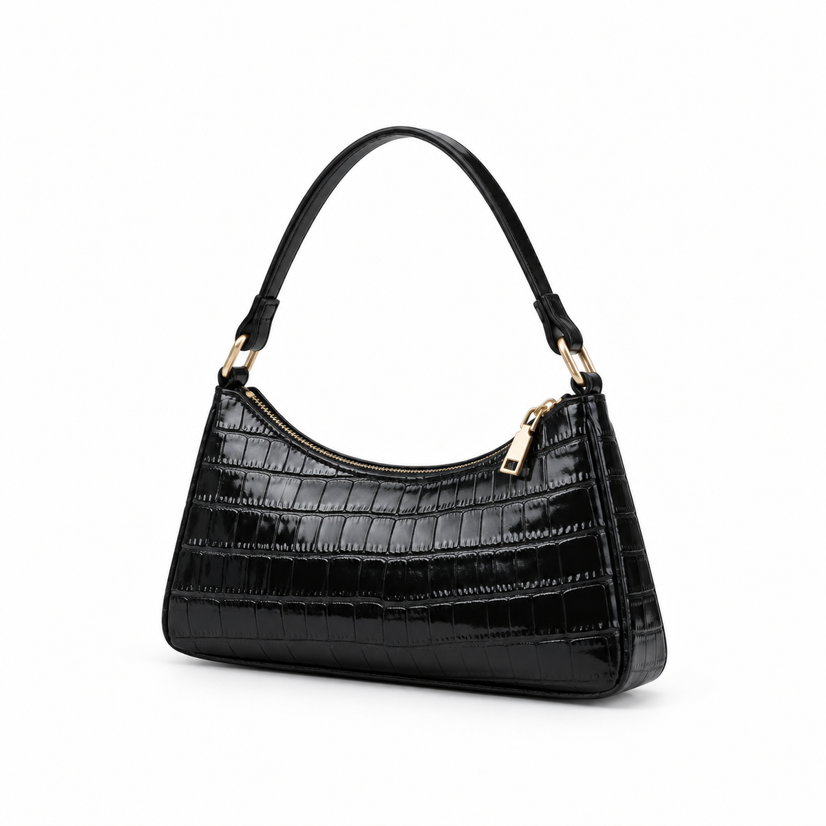 Glossy Croc Embossed Black Shoulder Bag-3