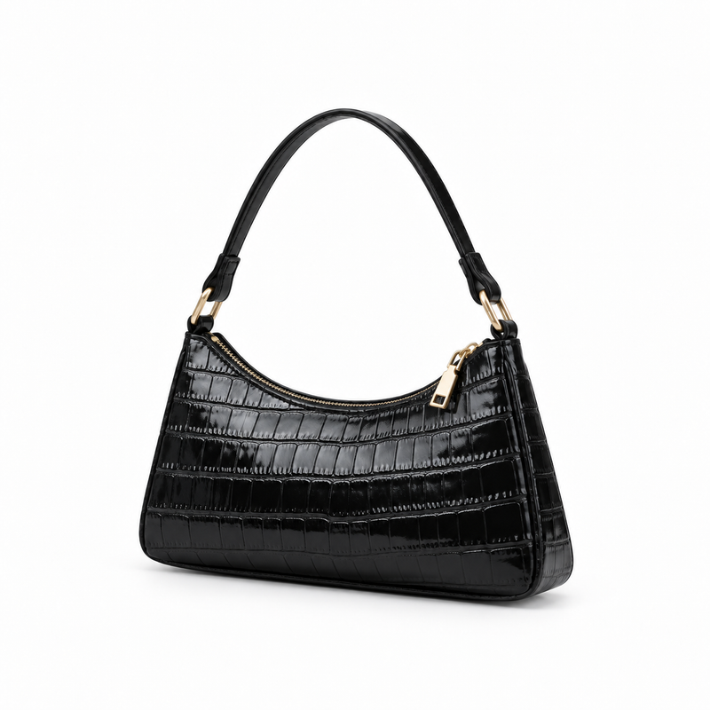 Glossy Croc Embossed Black Shoulder Bag-3
