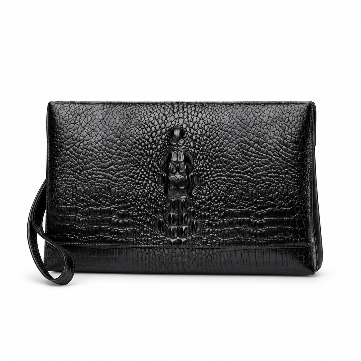 Black Crocodile Embossed Wristlet Clutch Bag