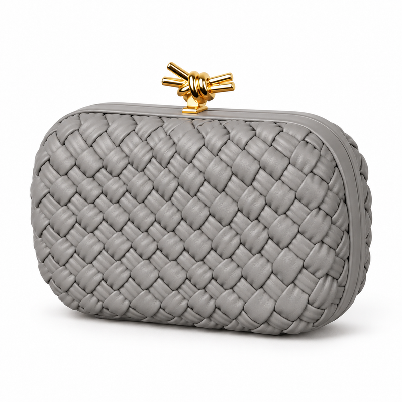 Grey Woven Clutch With Golden Knot-3