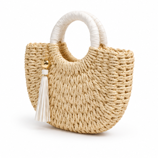 Natural Woven Raffia Round Handle Handbag-3