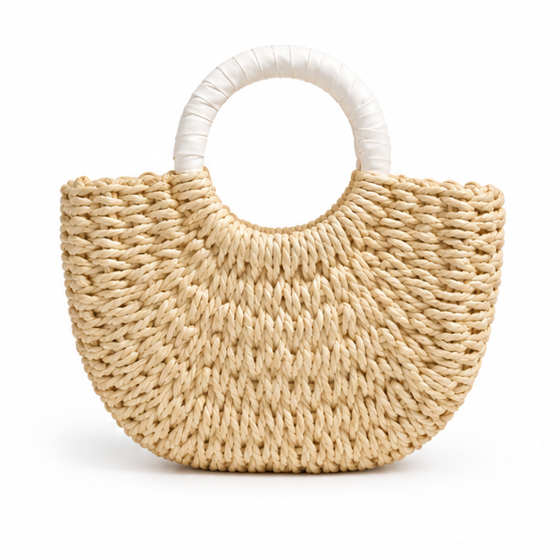 Natural Woven Raffia Round Handle Handbag-2