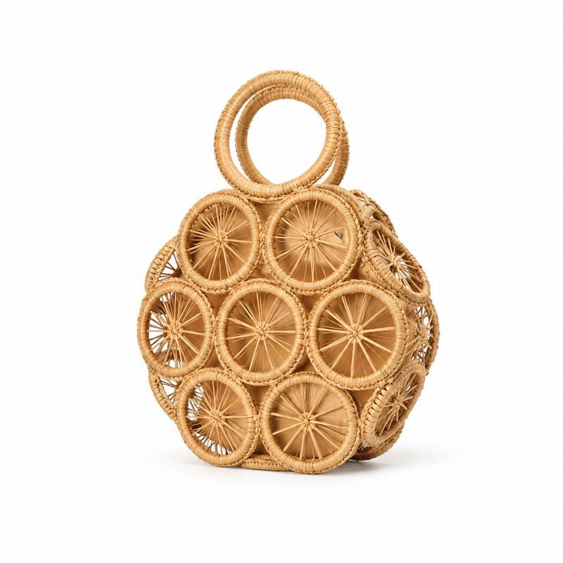 Handwoven Circular Rattan Statement Carry Bag-3