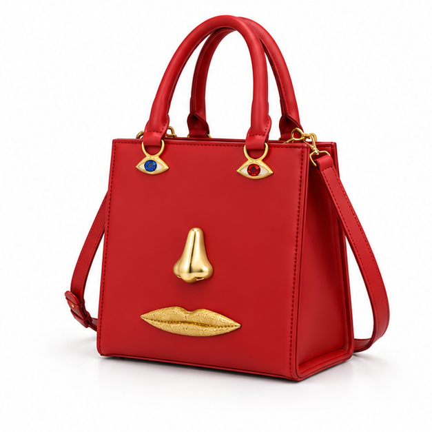 Red Artistic Face Structured Handbag Purse-3