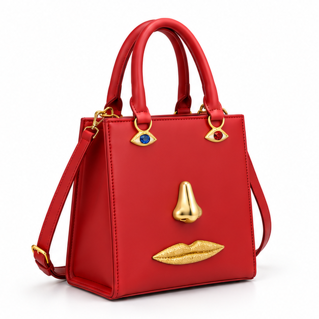 Red Artistic Face Structured Handbag Purse-1