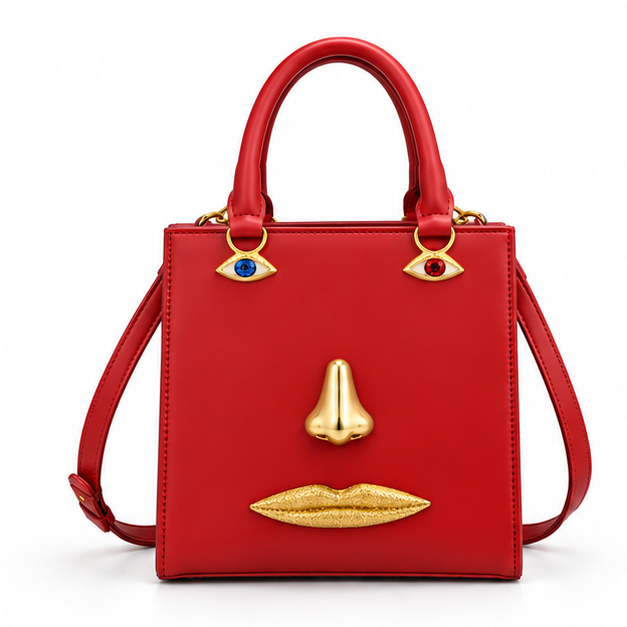 Red Artistic Face Structured Handbag Purse-2