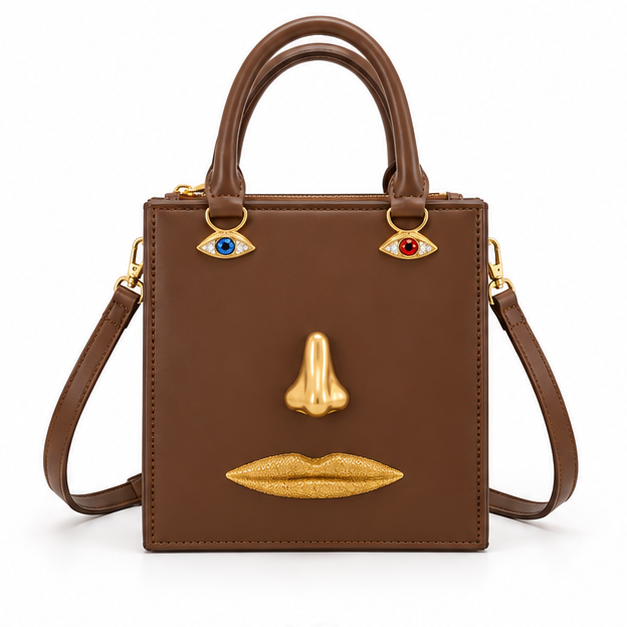 Brown Artistic Face Design Structured Handbag-4