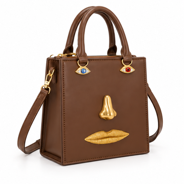 Brown Artistic Face Design Structured Handbag-1