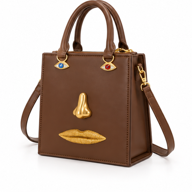Brown Artistic Face Design Structured Handbag-3