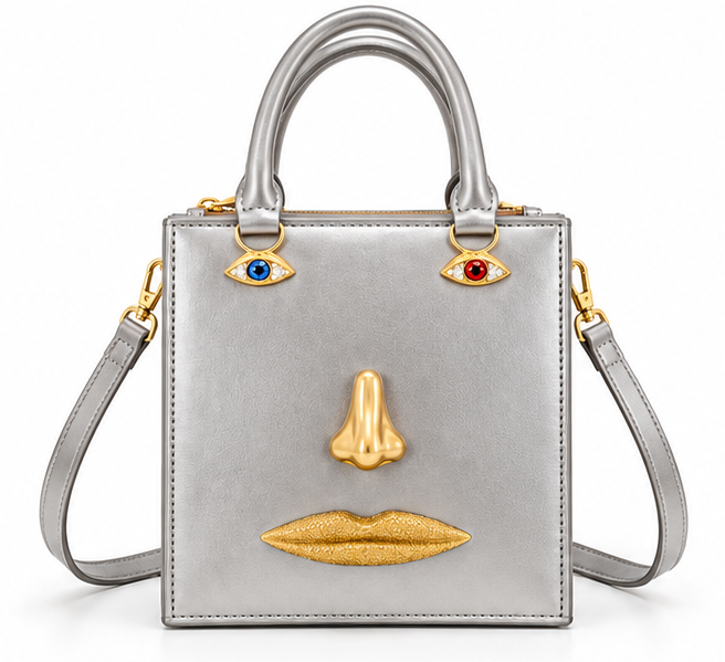 Silver Artistic Face Design Structured Handbag-4