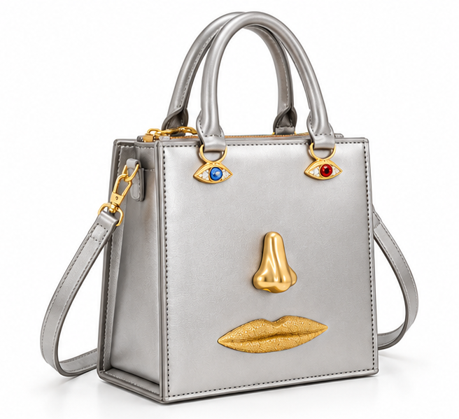 Silver Artistic Face Design Structured Handbag-1