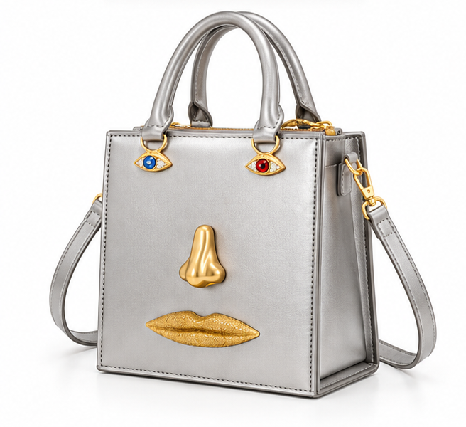 Silver Artistic Face Design Structured Handbag-3
