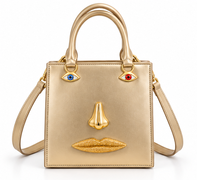 Gold Sculptural Face Structured Tote Handbag-4