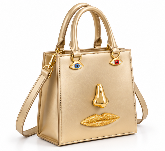 Gold Sculptural Face Structured Tote Handbag-1