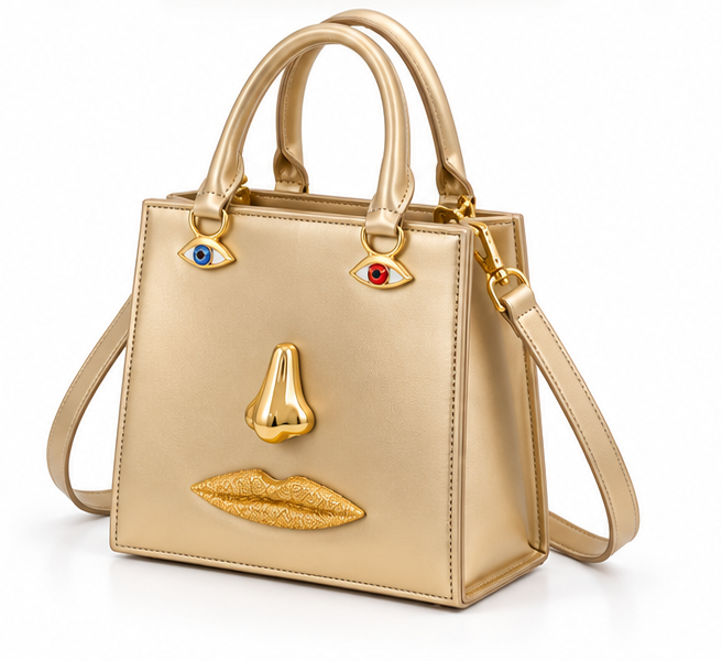 Gold Sculptural Face Structured Tote Handbag-3