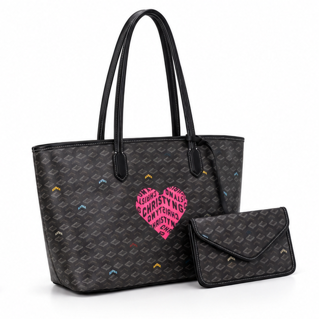 Heart Print Patterned Tote Pouch Set-1