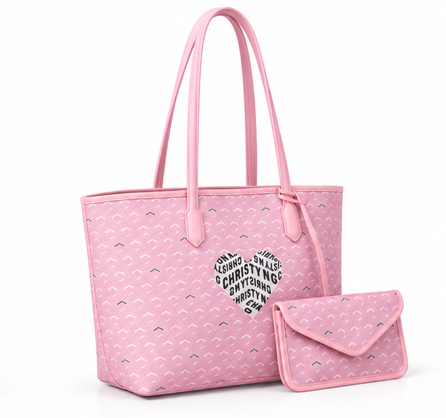 Pink Heart Pattern Tote With Pouch-1