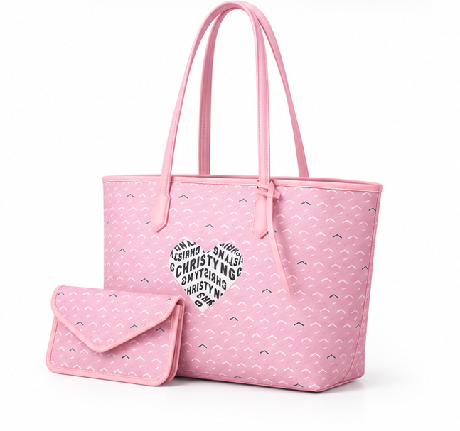 Pink Heart Pattern Tote With Pouch-3