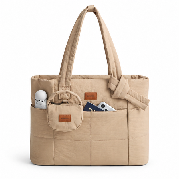 Coffee Quilted Multi-Pocket Shoulder Tote Bag-4