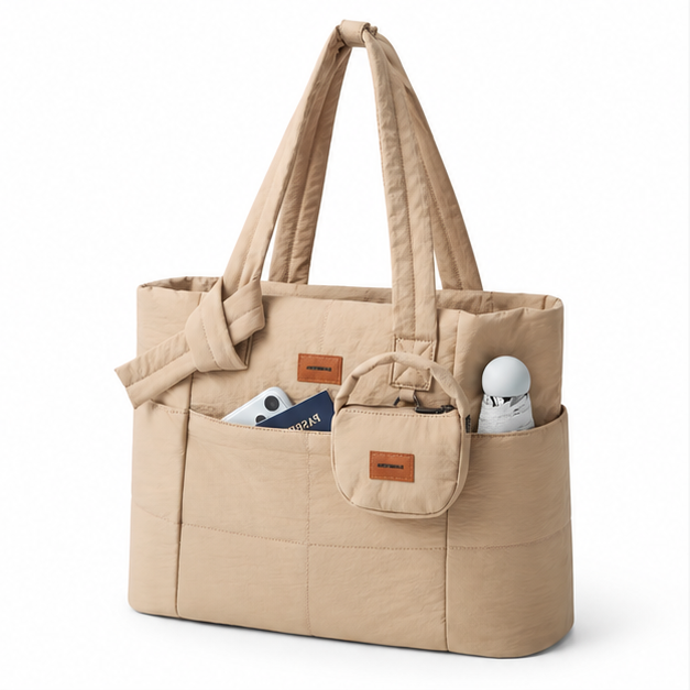 Coffee Quilted Multi-Pocket Shoulder Tote Bag-3