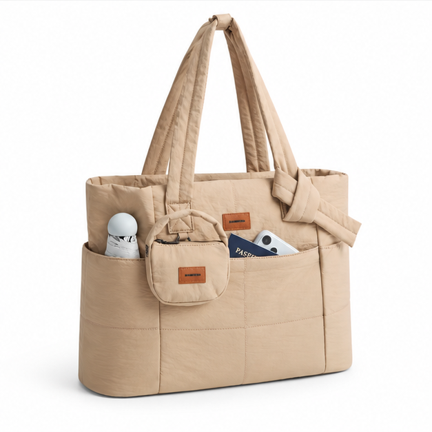 Coffee Quilted Multi-Pocket Shoulder Tote Bag-1
