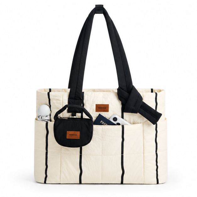 Quilted Striped Multi-Pocket Shoulder Tote Bag-4