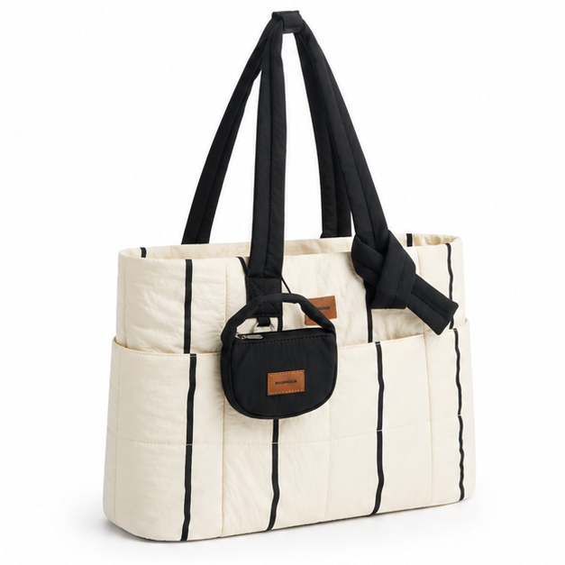 Quilted Striped Multi-Pocket Shoulder Tote Bag-1