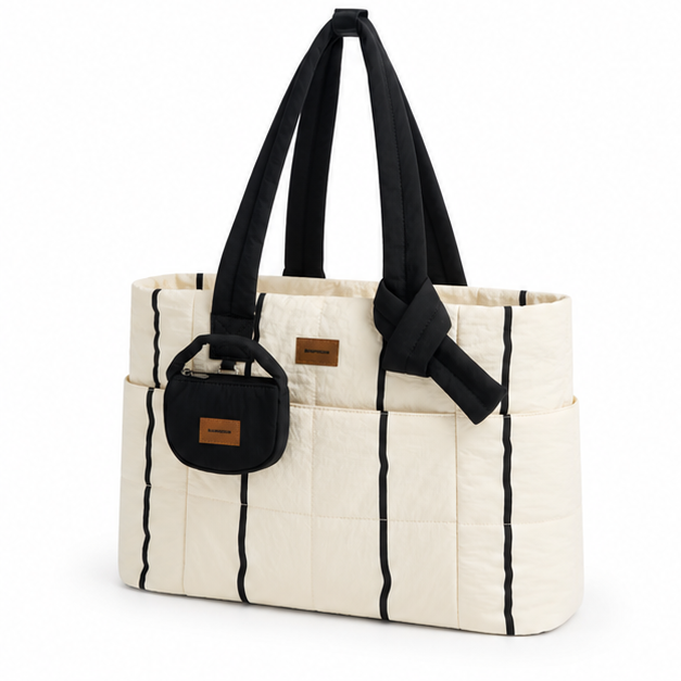 Quilted Striped Multi-Pocket Shoulder Tote Bag-3