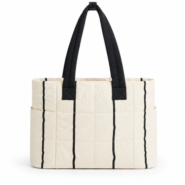 Quilted Striped Multi-Pocket Shoulder Tote Bag-2