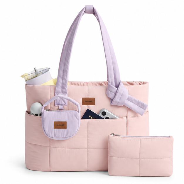 Pastel Quilted Multi-Pocket Travel Tote Bag-4
