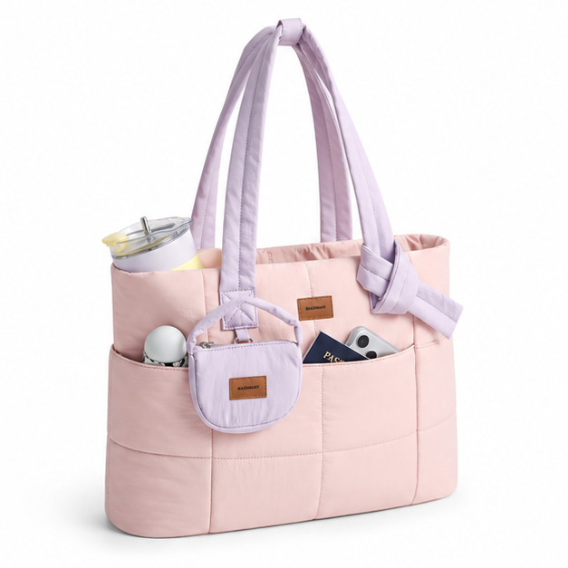 Pastel Quilted Multi-Pocket Travel Tote Bag-3