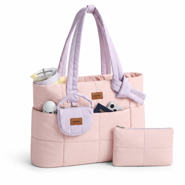 Pastel Quilted Multi-Pocket Travel Tote Bag-1