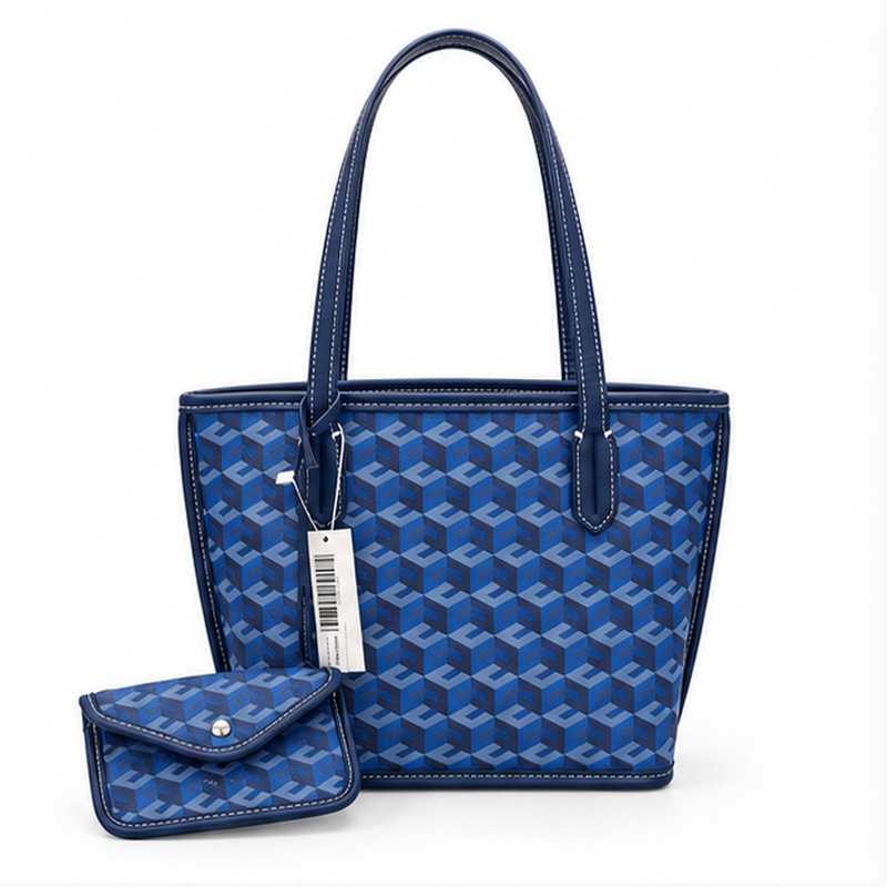 Blue Geometric Pattern Structured Tote Handbag-4