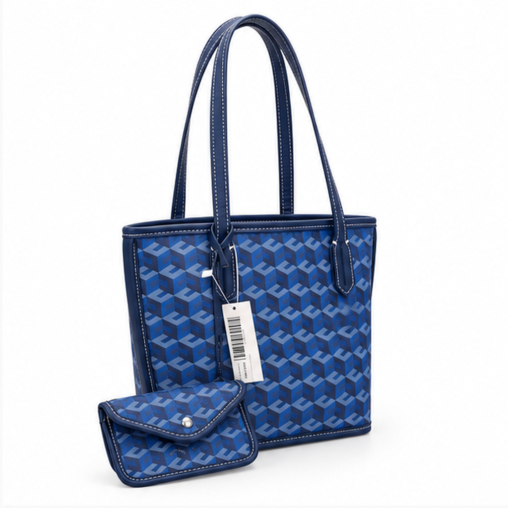 Blue Geometric Pattern Structured Tote Handbag-1