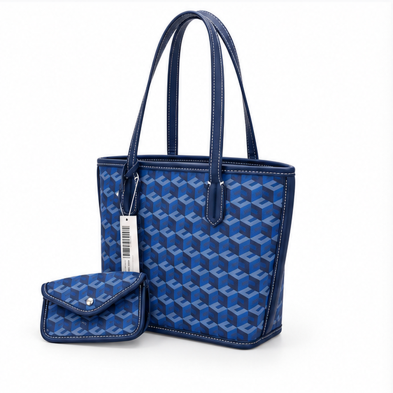 Blue Geometric Pattern Structured Tote Handbag-3