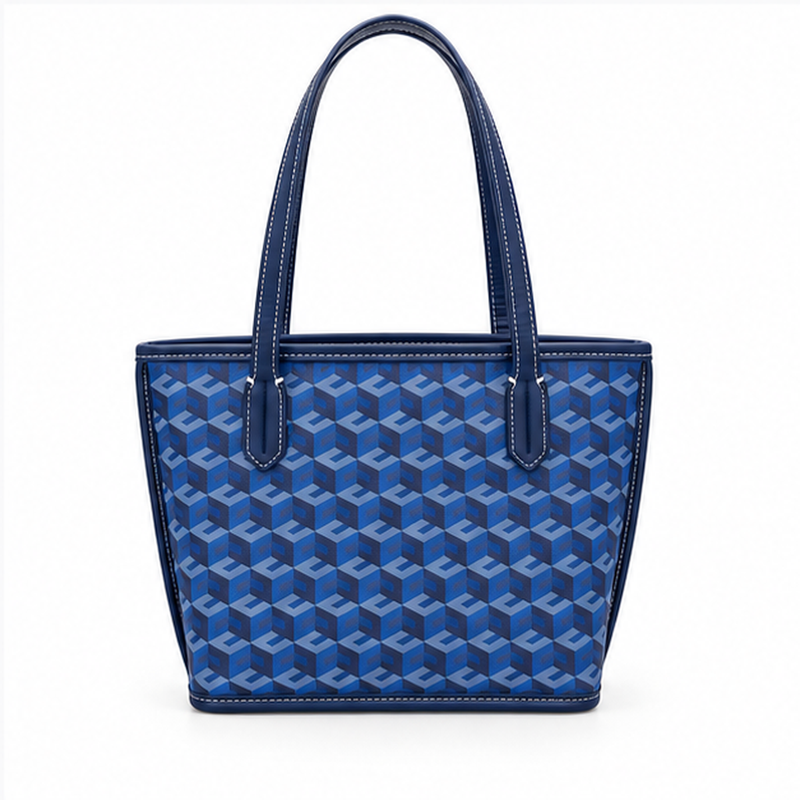 Blue Geometric Pattern Structured Tote Handbag-2