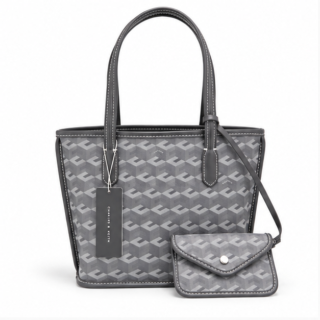 Grey Monogram Tote With Matching Pouch-4