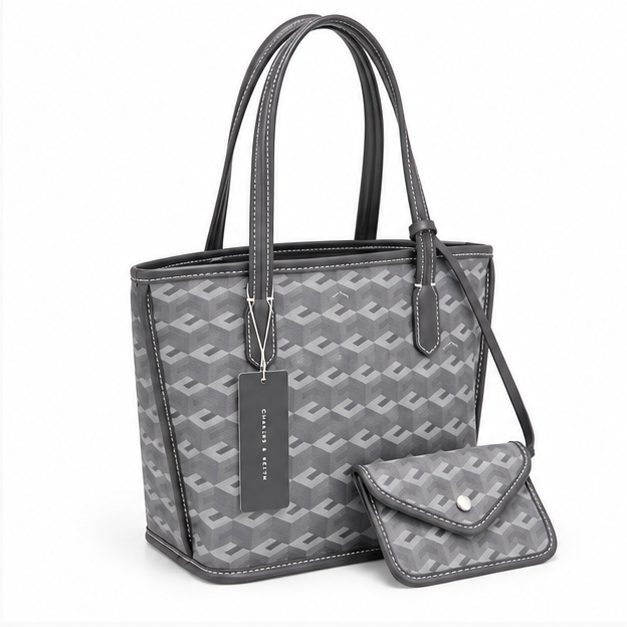 Grey Monogram Tote With Matching Pouch-1
